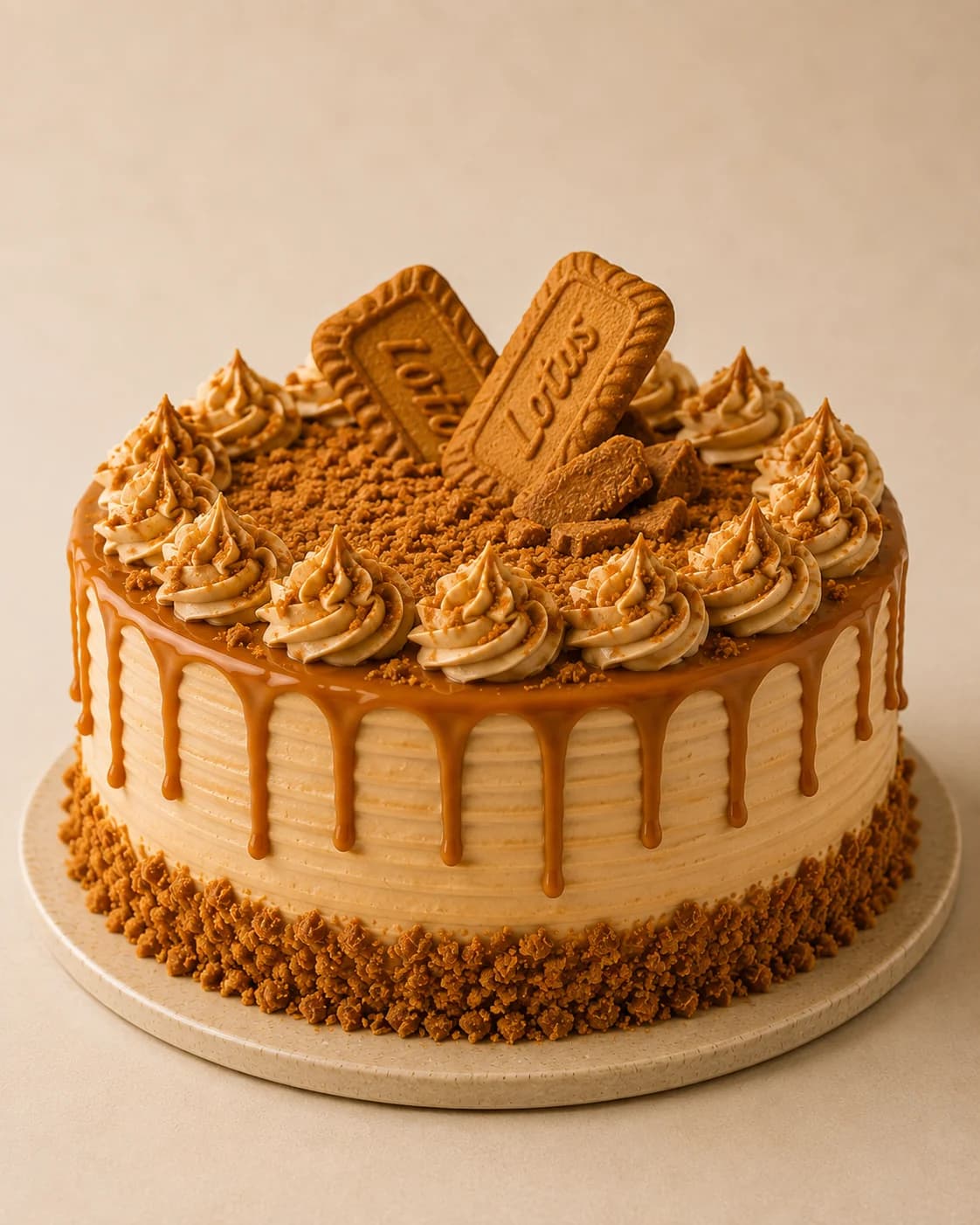 Lotus Biscoff. Spread through the layers, crumbed round the base, biscuit on top.