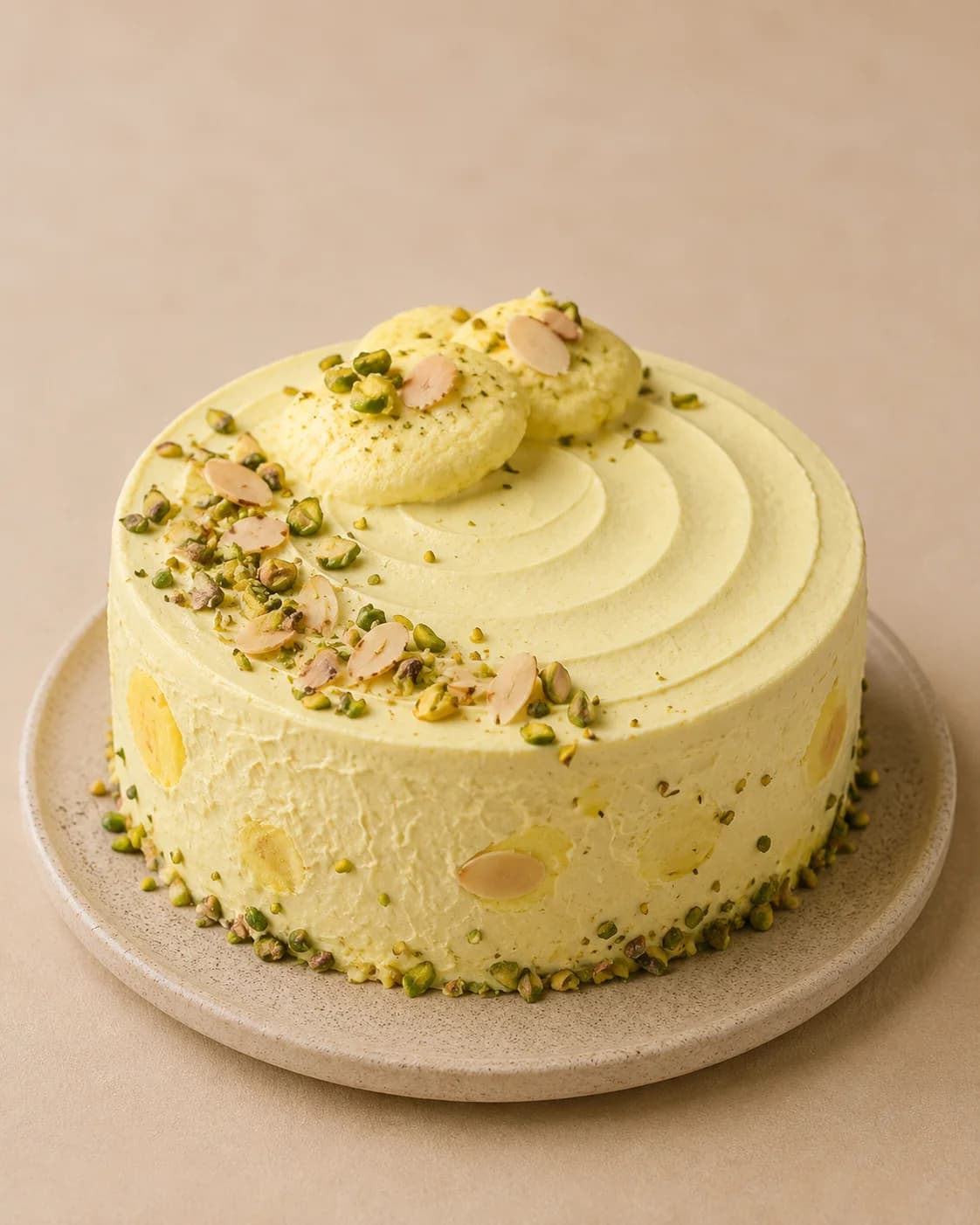 Rasmalai. Saffron sponge soaked in rabri. Pistachio and almond on the top.