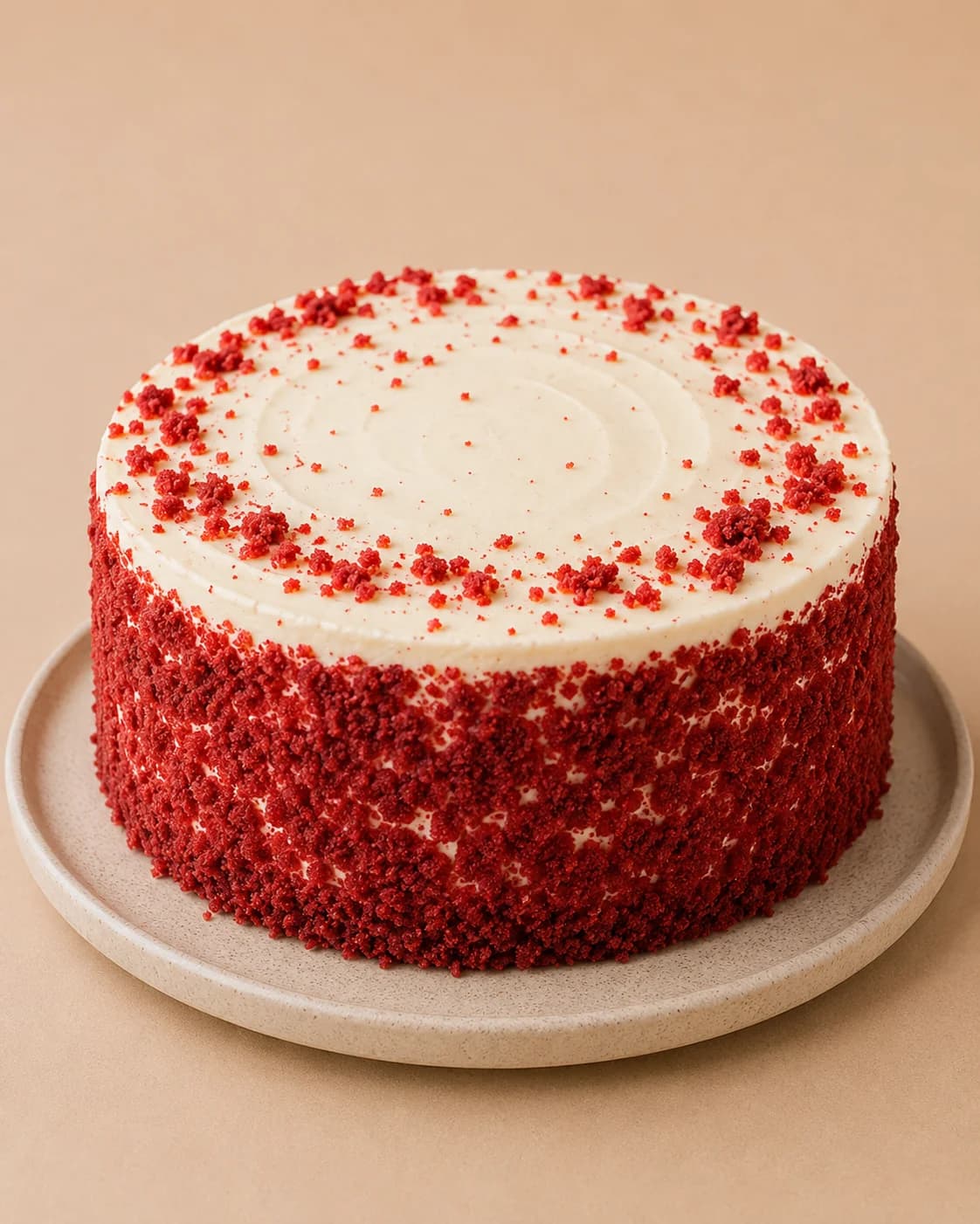 Red Velvet. Cream cheese scraped back, so the red layers show through.